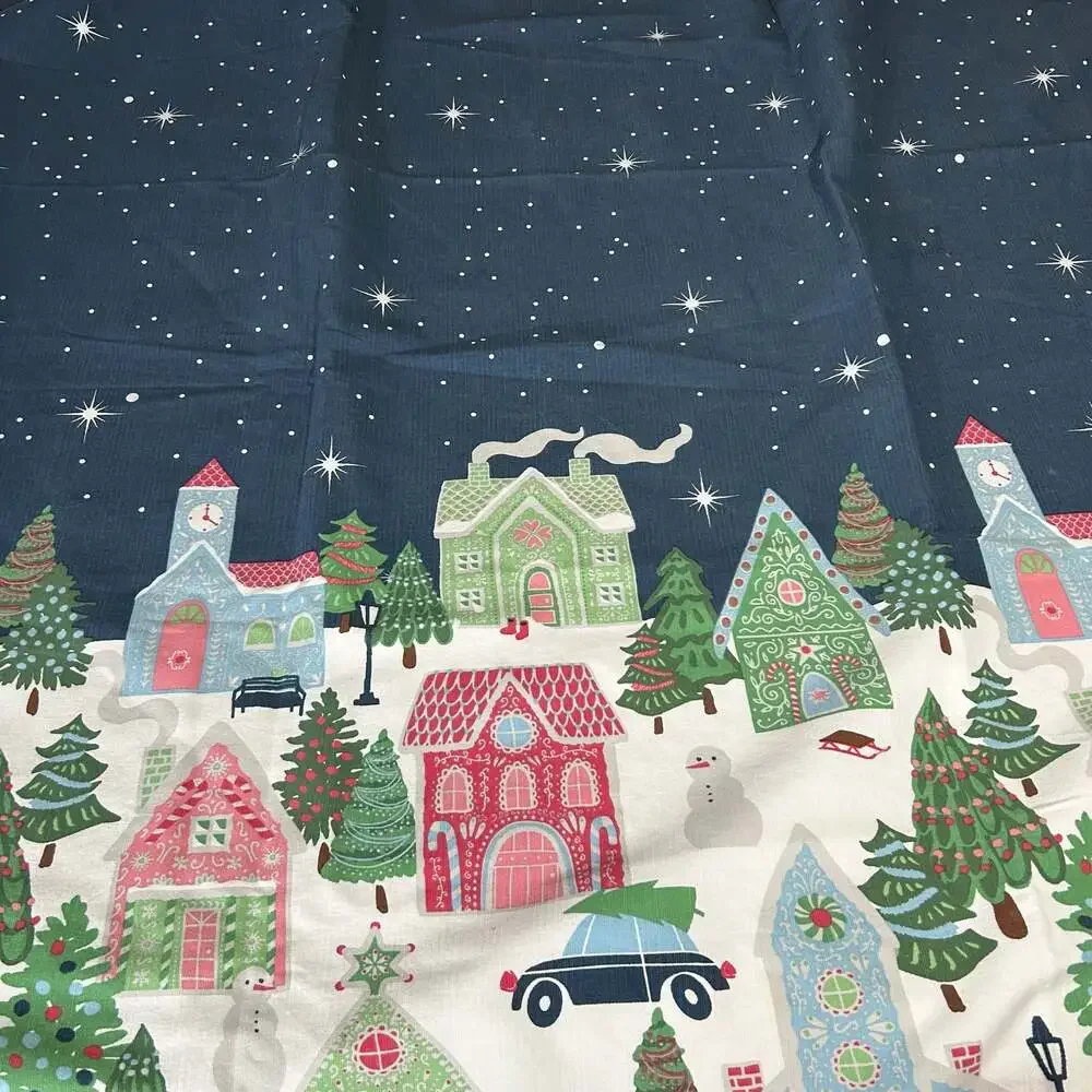 Envogue Christmas Village Shower Curtain Navy Blue Pink Pastel Holiday Decor